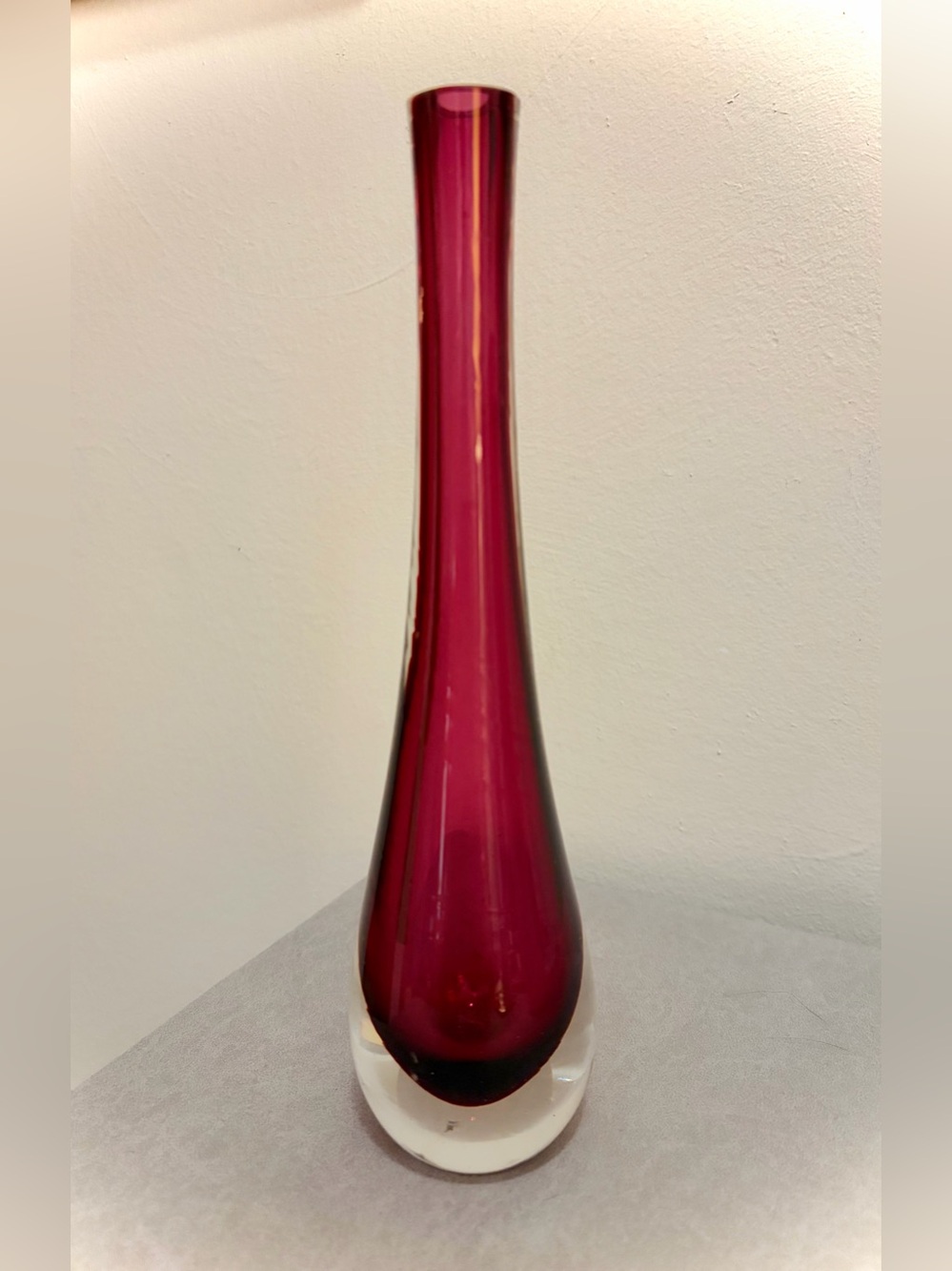Murano Sommerso Style Art Glass Vase Clear Over Ruby Red Vintage MCM